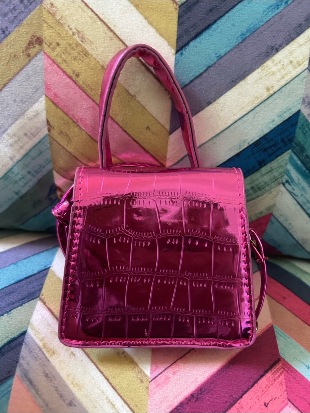 Metallic Hot Pink Croc-Embossed Mini Top-Handle Bag - Picture 2 of 3